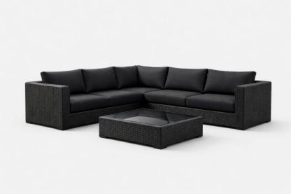Outdoor Woven Sectional Sofa Set with Tempered Glass Table Black