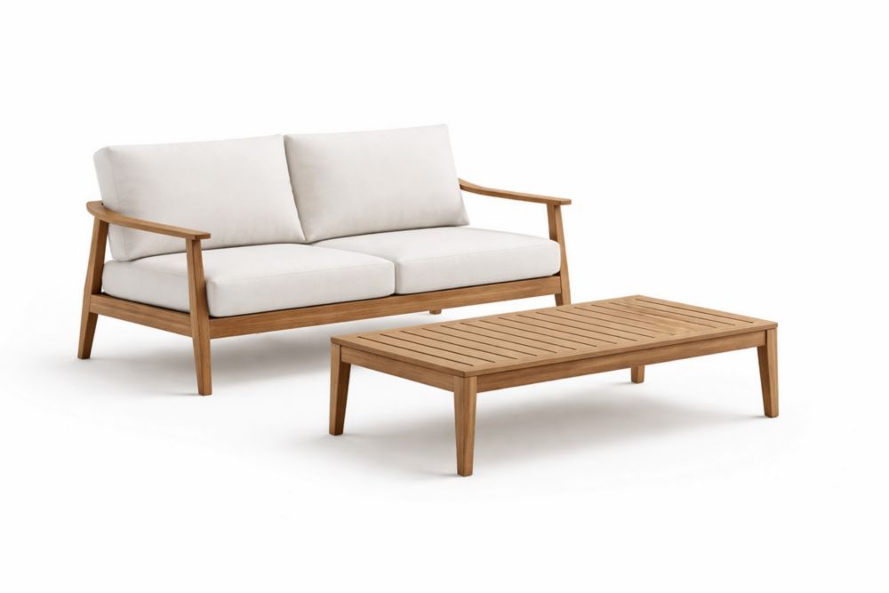 Outdoor Sofa and Coffee Table Set Teak Wood Frame Beige Cushions