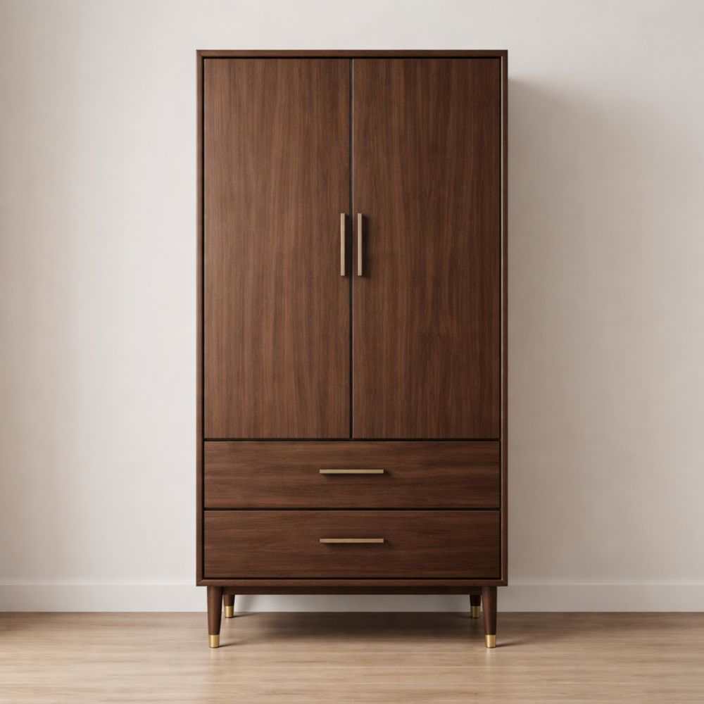 Wooden Wardrobe with Two Doors and Drawers Brown
