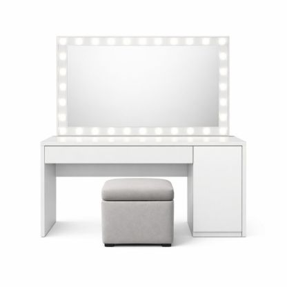 White Vanity Table Set with LED Mirror and Grey Fabric Stool