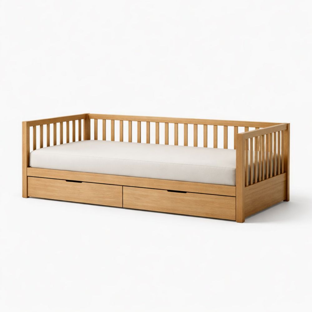 Wooden Daybed with Mattress and Storage Drawers Natural Oak Finish