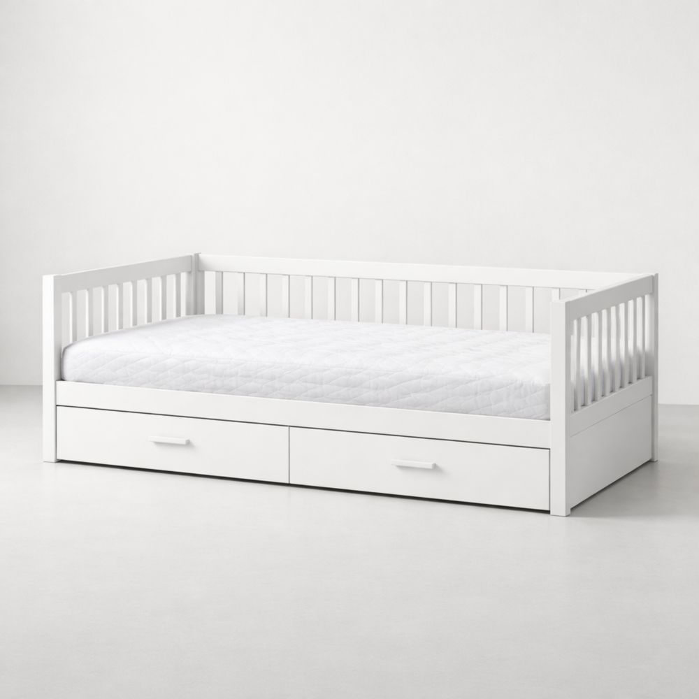 White wooden single daybed with storage drawers