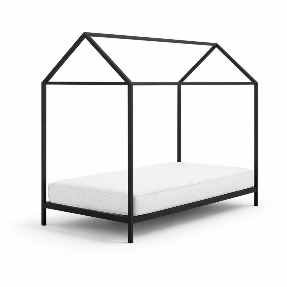 Black metal house bed with mattress