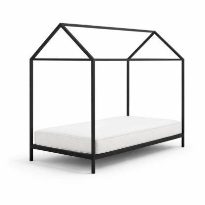 Black metal house bed with mattress