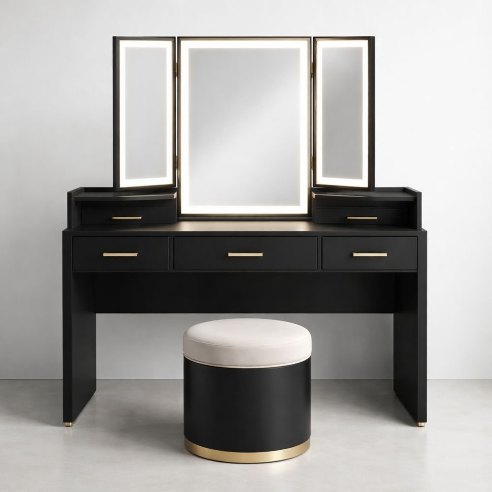 Black MDF Vanity Set with LED Mirror and Stool