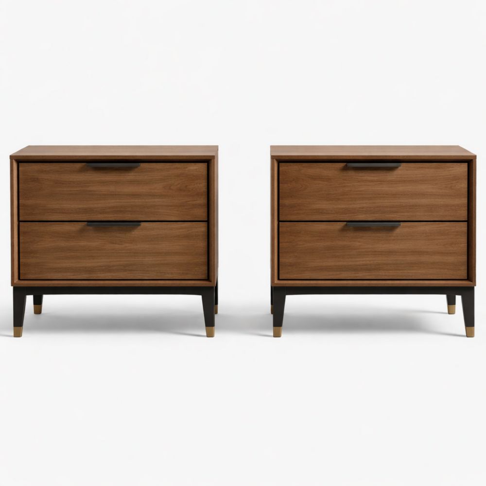 Two-Drawer Nightstand Set Wood with Black Legs
