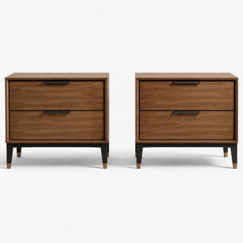 Two-Drawer Nightstand Set Wood with Black Legs