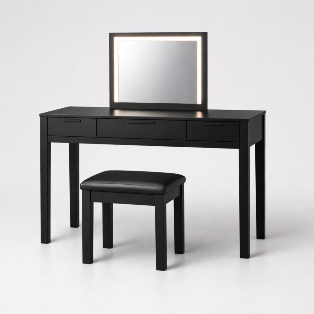 Black Wood Vanity Set with LED Mirror and Padded Stool