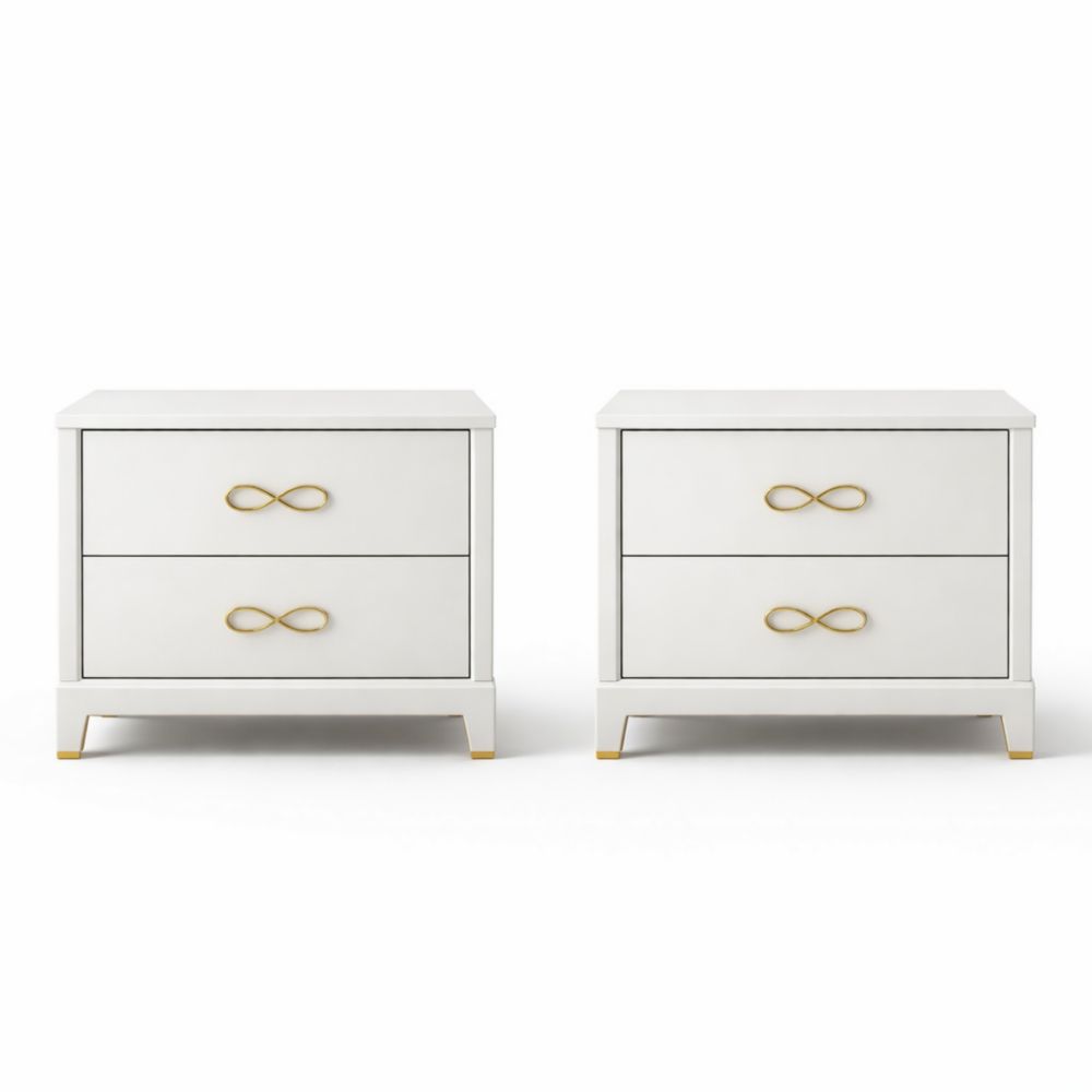 Set of 2 White Nightstands with Gold Metal Handles