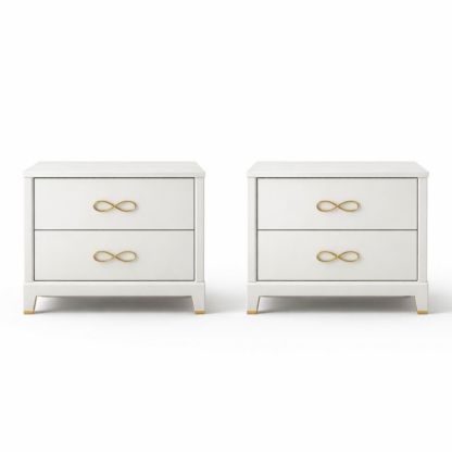 Set of 2 White Nightstands with Gold Metal Handles