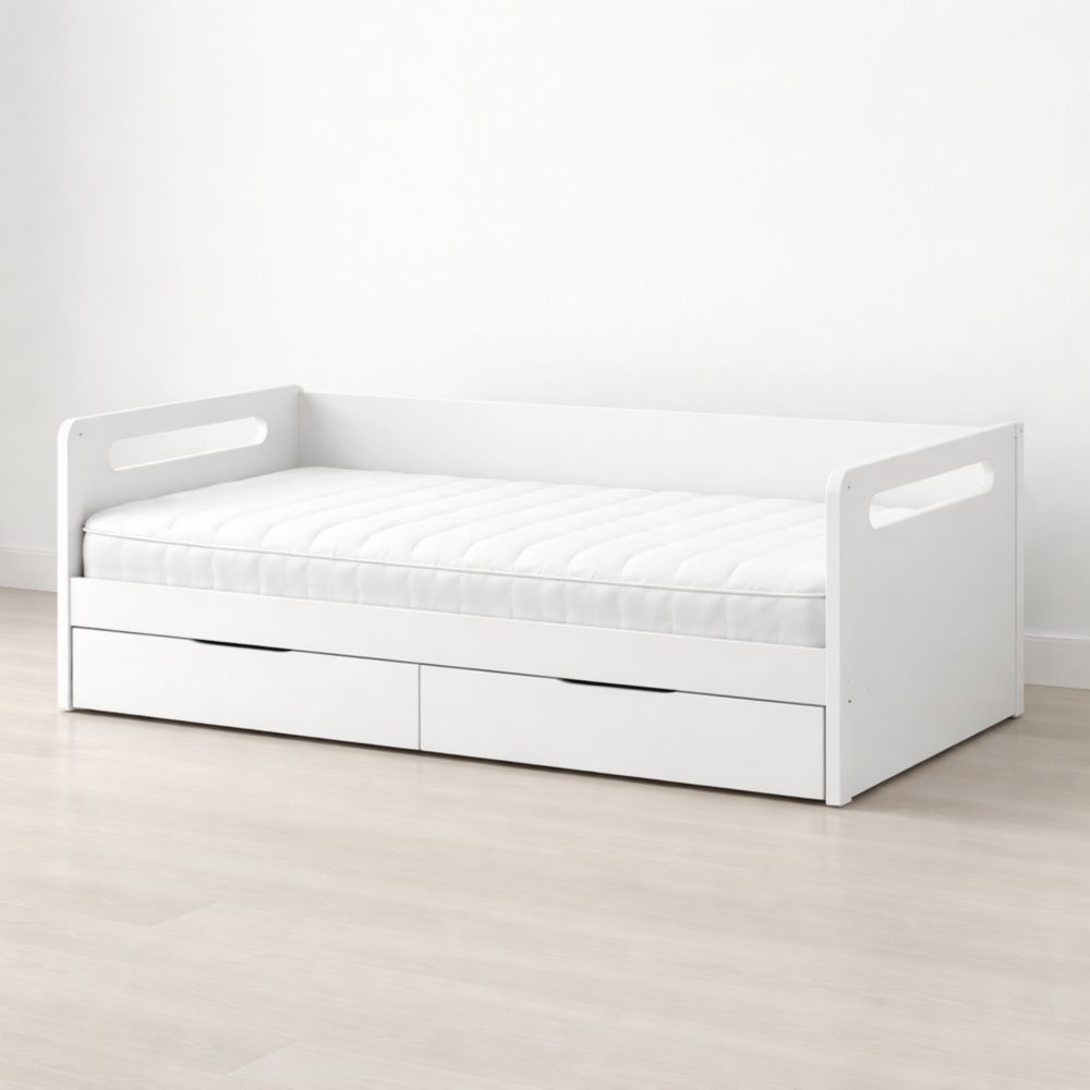 White wooden daybed with storage drawers