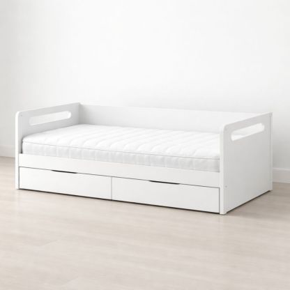 White wooden daybed with storage drawers