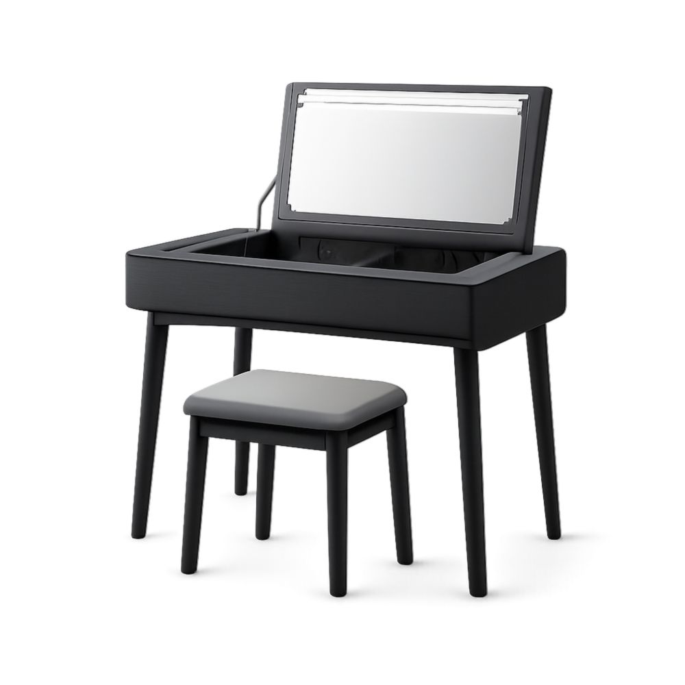 Black Wooden Vanity Table Set with Mirror and Stool