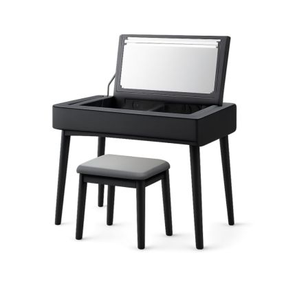 Black Wooden Vanity Table Set with Mirror and Stool