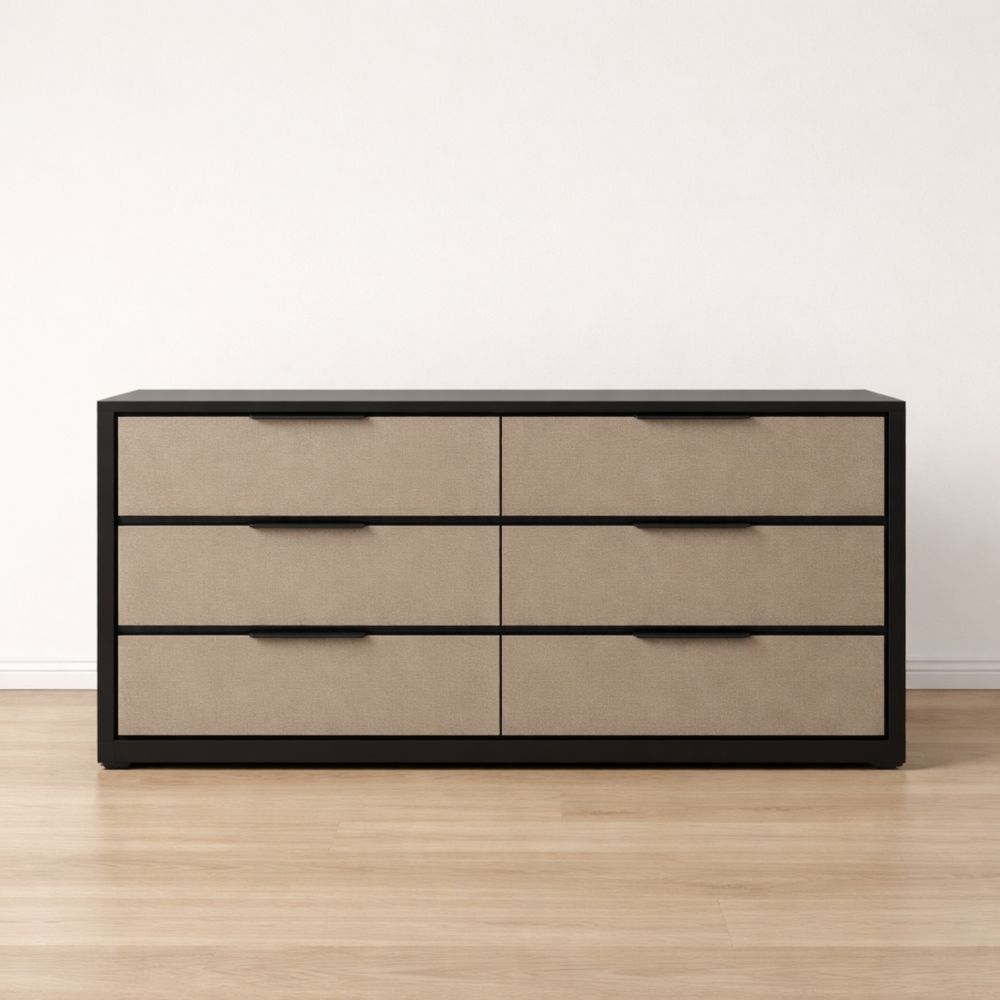 Six-drawer wooden fabric drawer cabinet in black and beige, 140 × 40 × 70 cm