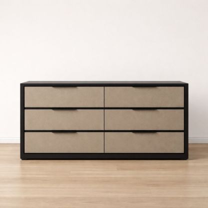 Six-drawer wooden fabric drawer cabinet in black and beige, 140 × 40 × 70 cm