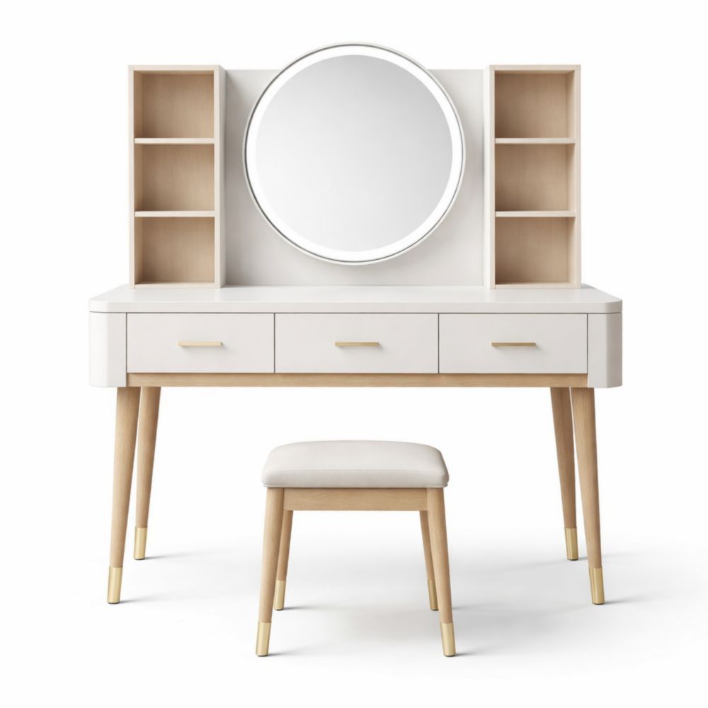 Vanity Table Set with Round Mirror and Stool in White Wood and Beige Fabric