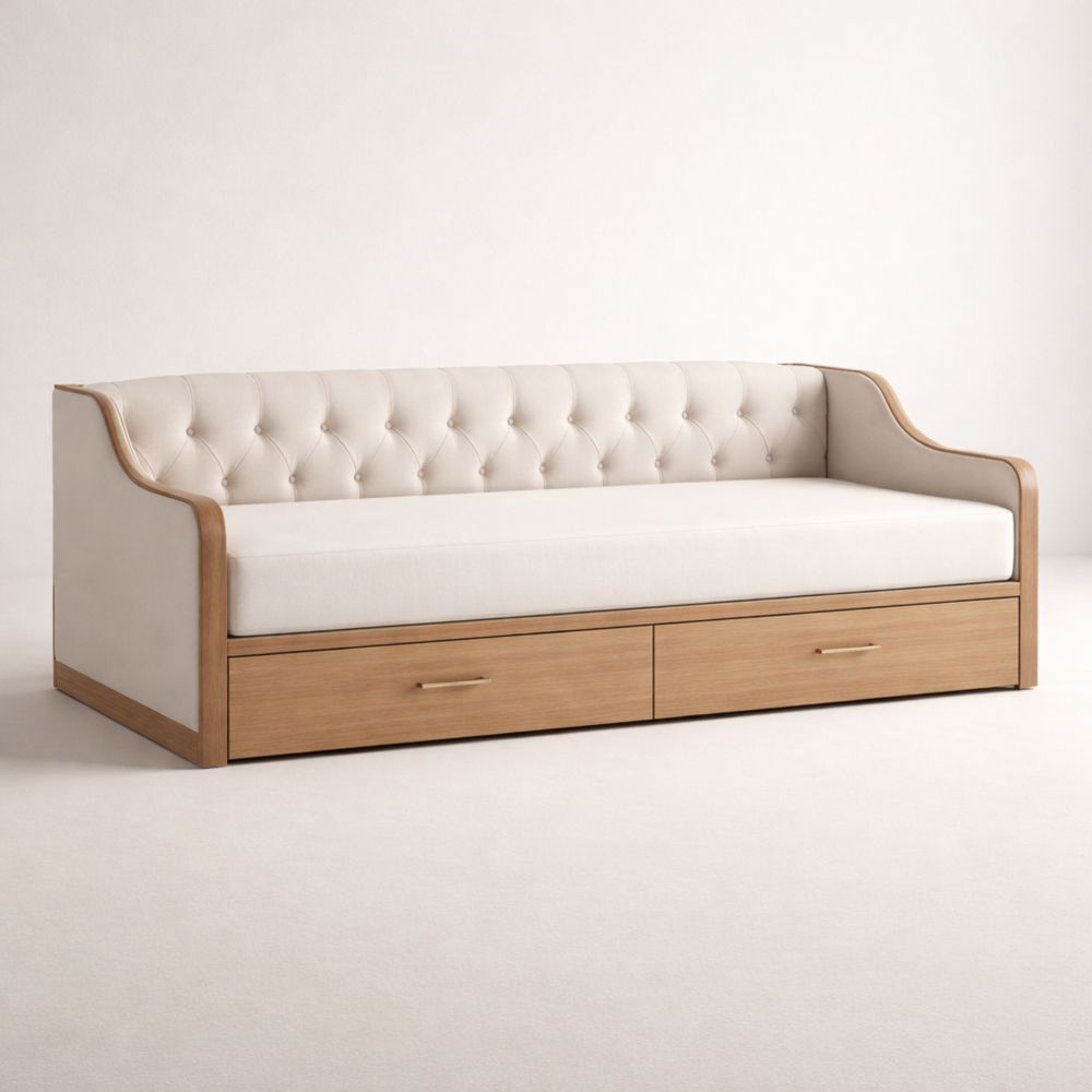 Wooden frame daybed with drawers and beige fabric cushion, 220 cm