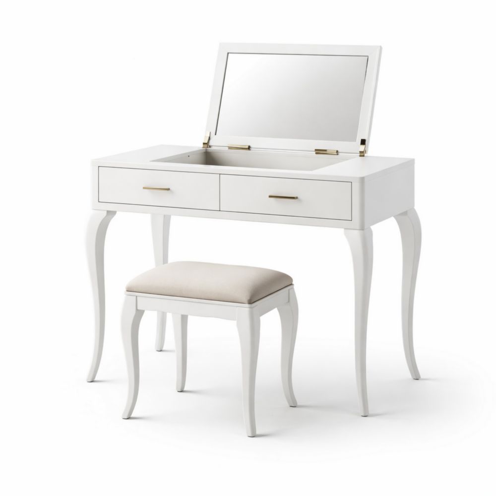 White Vanity Table Set with Mirror and Stool - Solid Wood and Polyester Fabric, 80cm