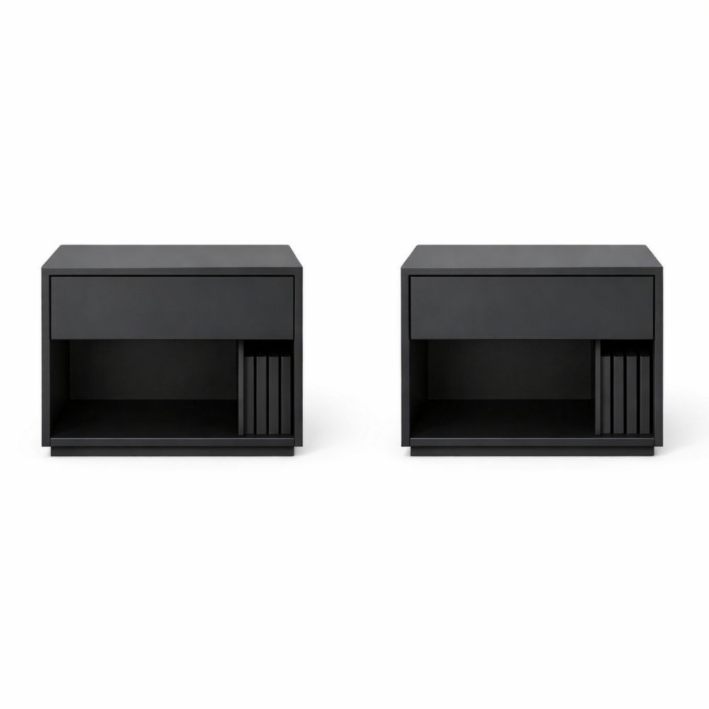 Set of 2 Black Rectangular Wooden Nightstands with Drawer and Open Shelf