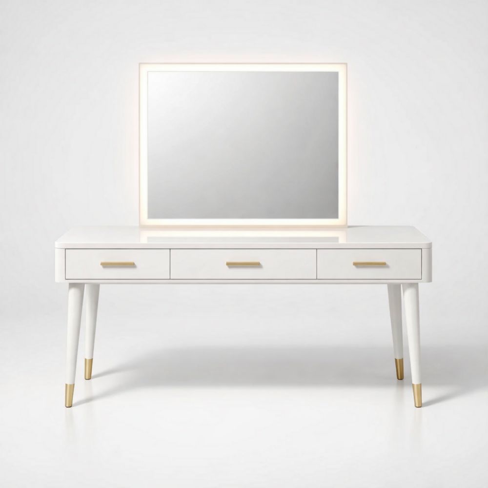 White Vanity Table with LED Mirror and Drawers