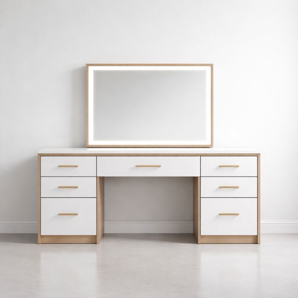 White Wood Vanity Table with Mirror and Drawers