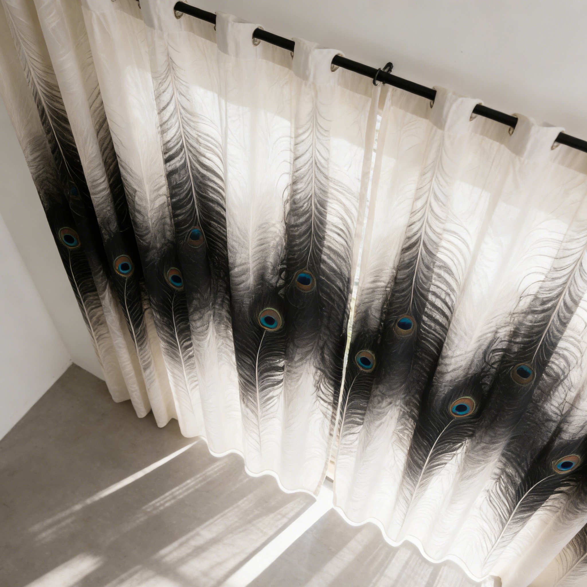 時尚孔雀羽毛窗簾掛於客廳窗戶