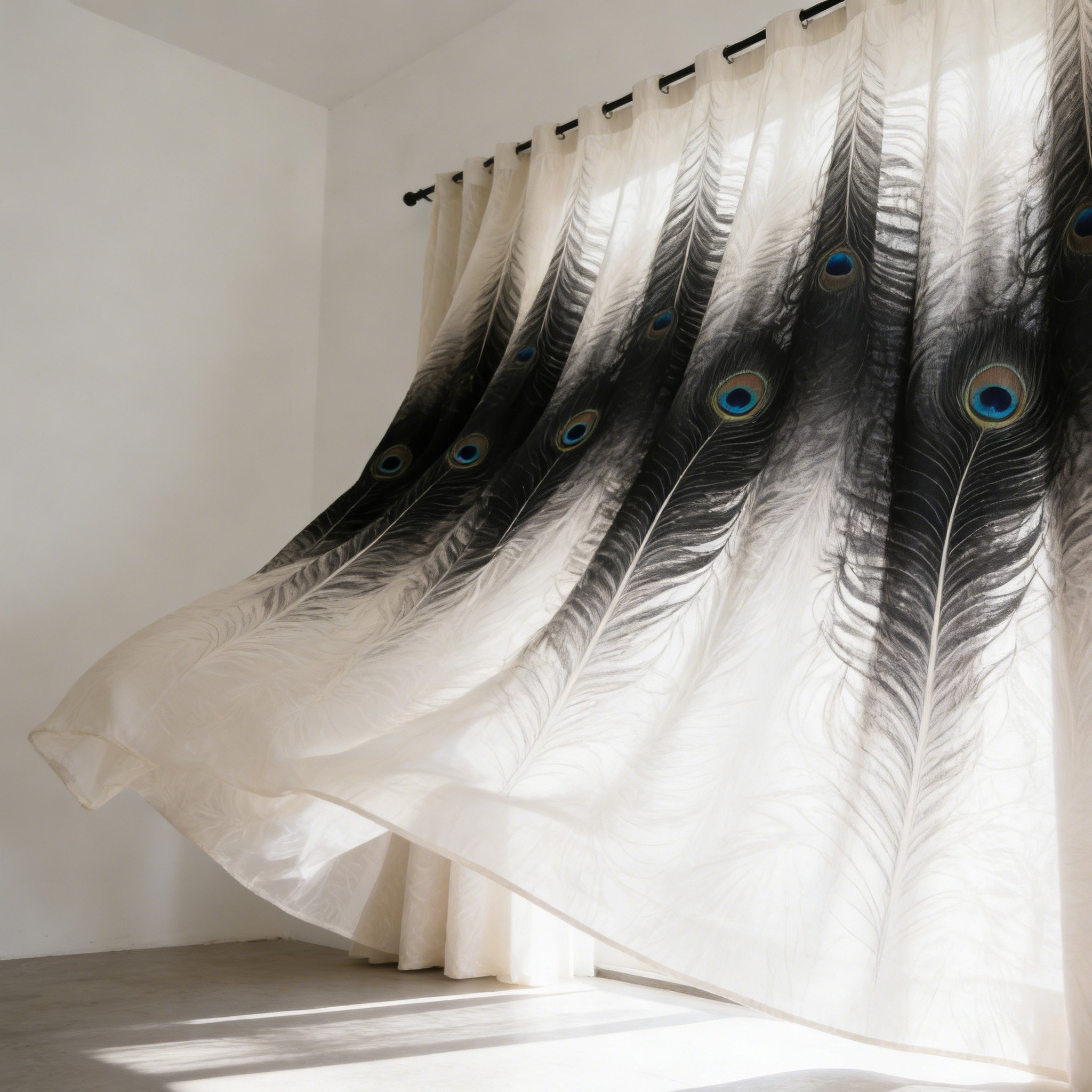 孔雀羽毛圖案窗簾細節展示