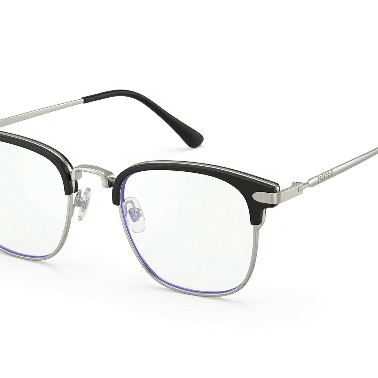 ブラックのスクエア型ハーフフレーム ブルーライトカット眼鏡