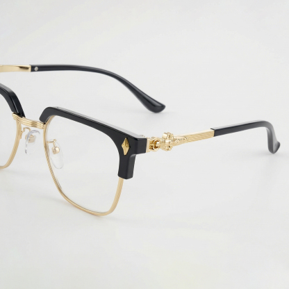 ゴールドのハーフフレームスクエア型ファッショナブル ブルーライトカット老眼鏡