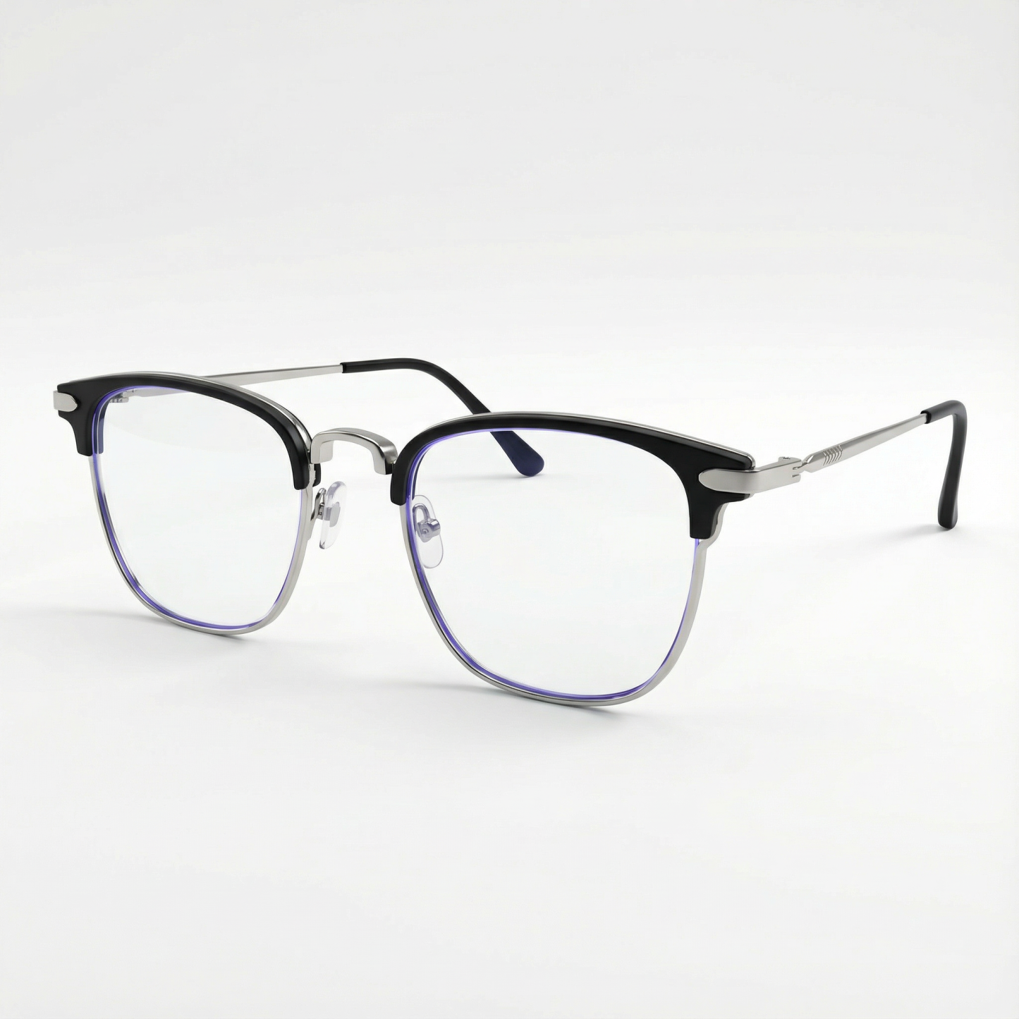 ブラックのスクエア型ハーフフレーム ブルーライトカット眼鏡