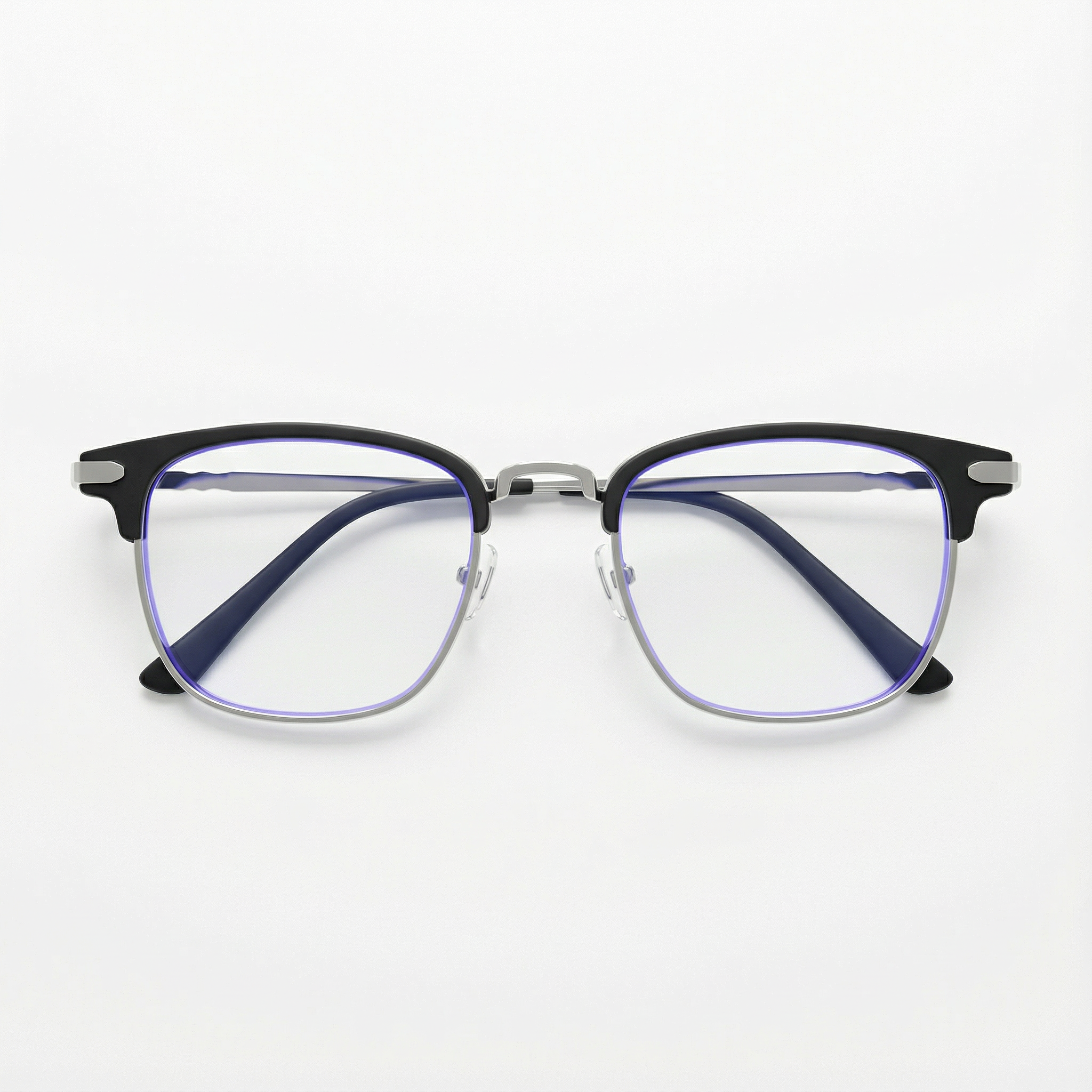 ブラックのスクエア型ハーフフレーム ブルーライトカット眼鏡