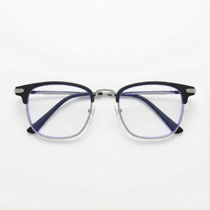 ブラックのスクエア型ハーフフレーム ブルーライトカット眼鏡