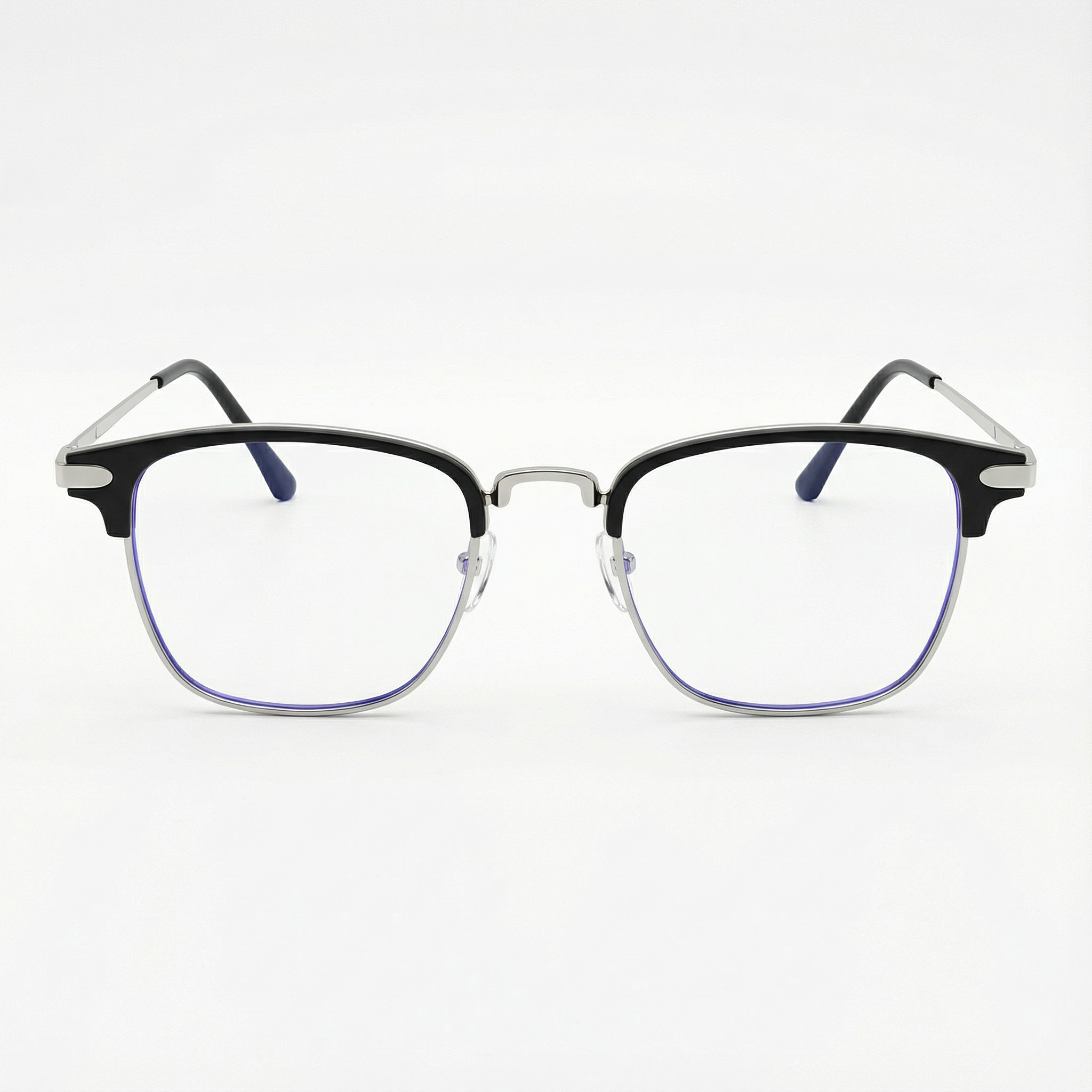 ブラックのスクエア型ハーフフレーム ブルーライトカット眼鏡