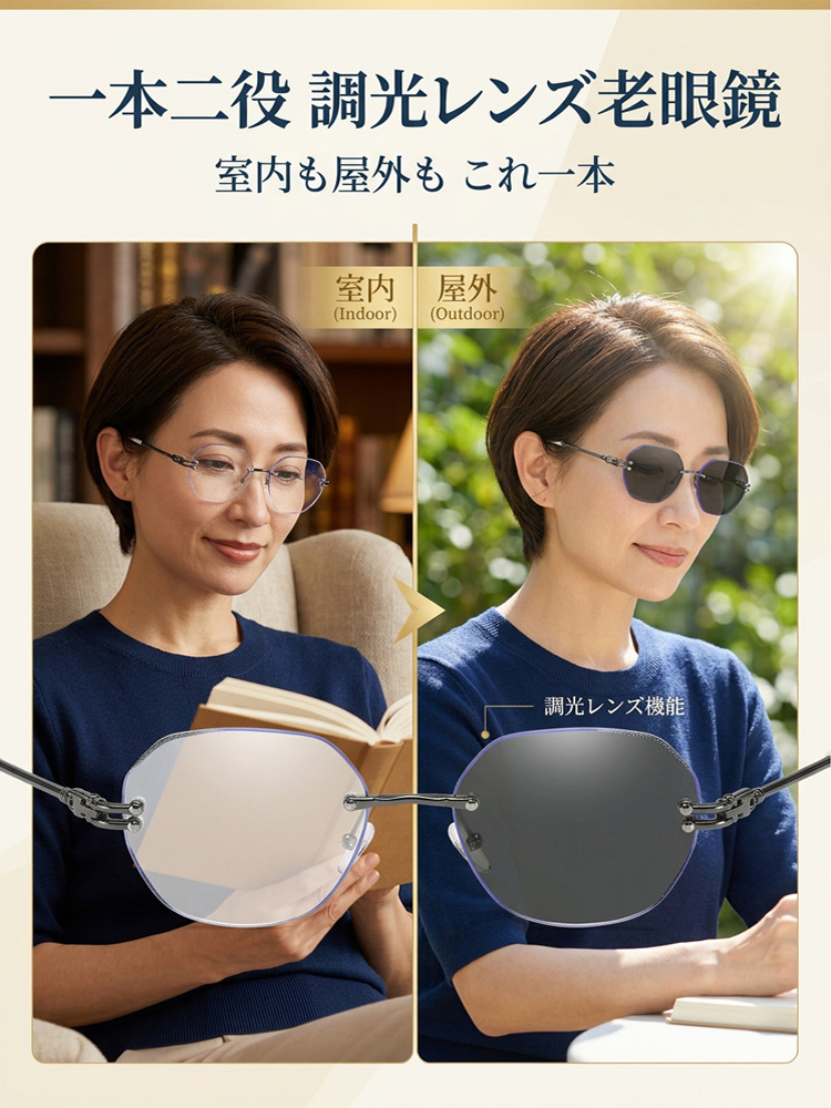光で色が変わるおしゃれな老眼鏡