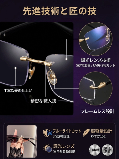 調光フレームレス老眼鏡