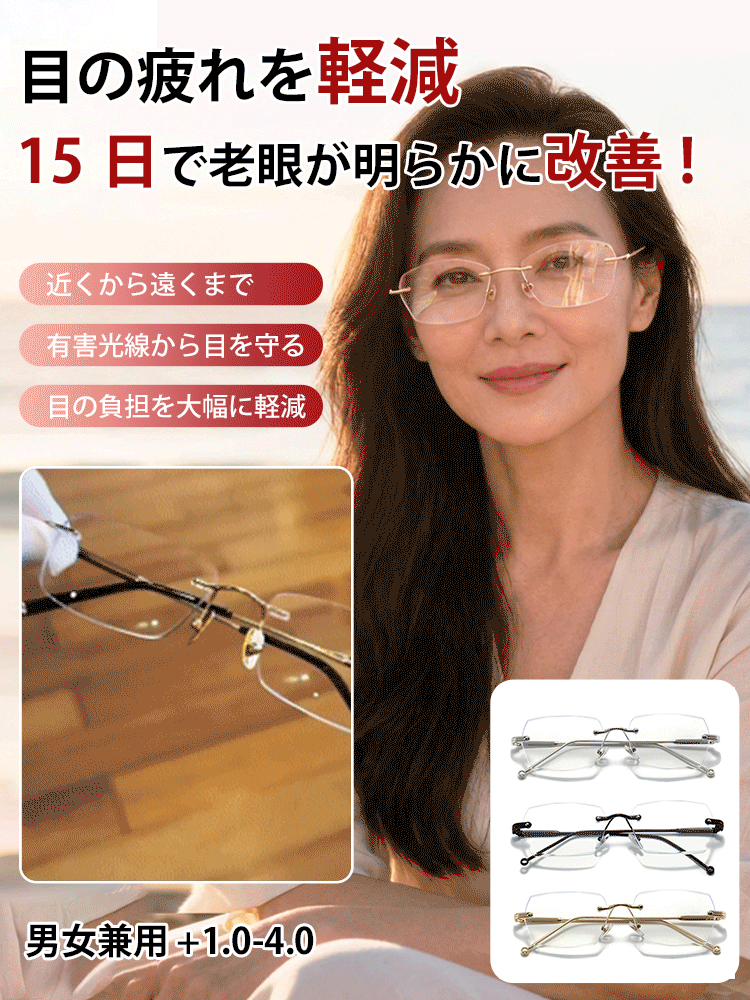 フレームレス・ブルーライトカット老眼鏡