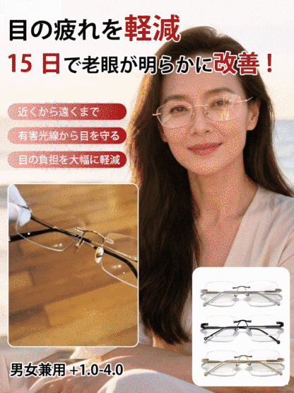 フレームレス・ブルーライトカット老眼鏡