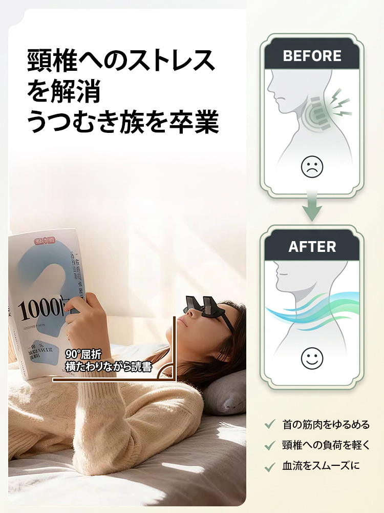 Eyelan頸椎保護メガネ：スマホを見ながら下を向かず、寝転んでテレビも快適に