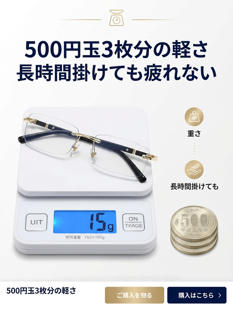 調光フレームレス老眼鏡