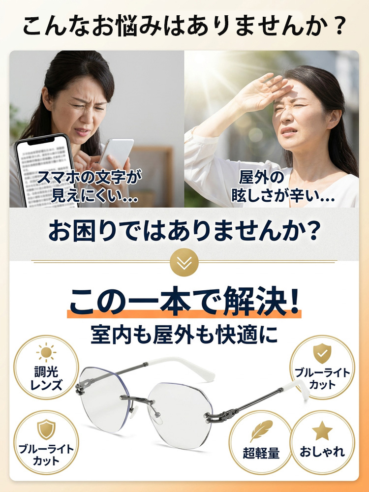光で色が変わるおしゃれな老眼鏡