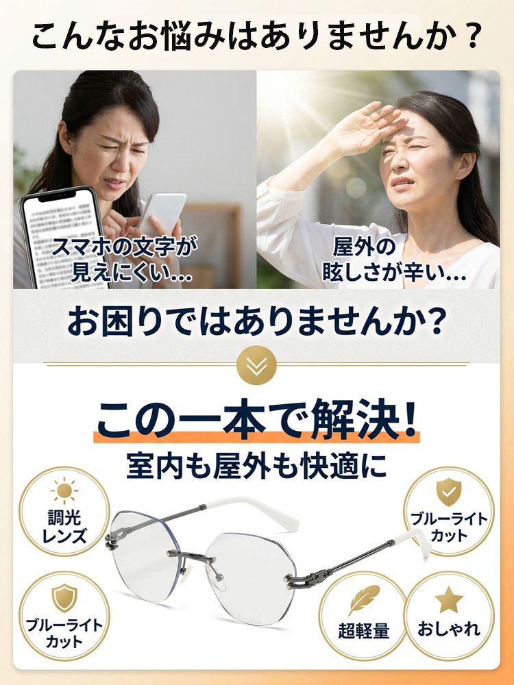 光で色が変わるおしゃれな老眼鏡