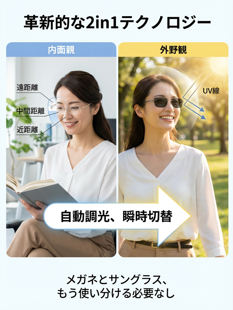【日本製】福井県鯖江市産 調光オートフォーカス老眼鏡｜超軽量(5g)フレームレスレンズ✨2026年お正月期間限定半額セール！