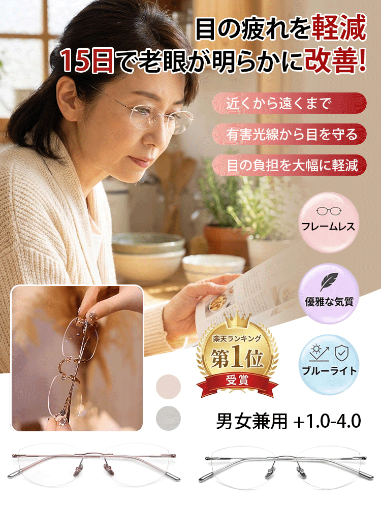 高精細ブルーライトカットフレームレス老眼鏡