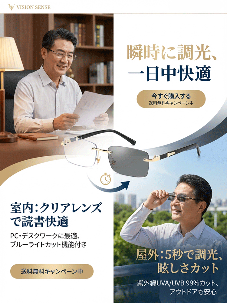 調光フレームレス老眼鏡