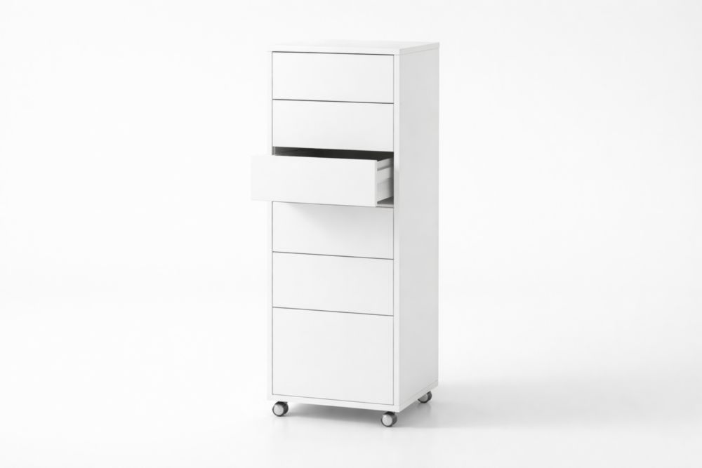 White Engineered Wood Storage Cabinet with Drawers and Wheels-Domunera