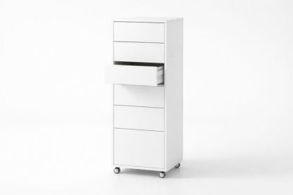 White Engineered Wood Storage Cabinet with Drawers and Wheels-Domunera