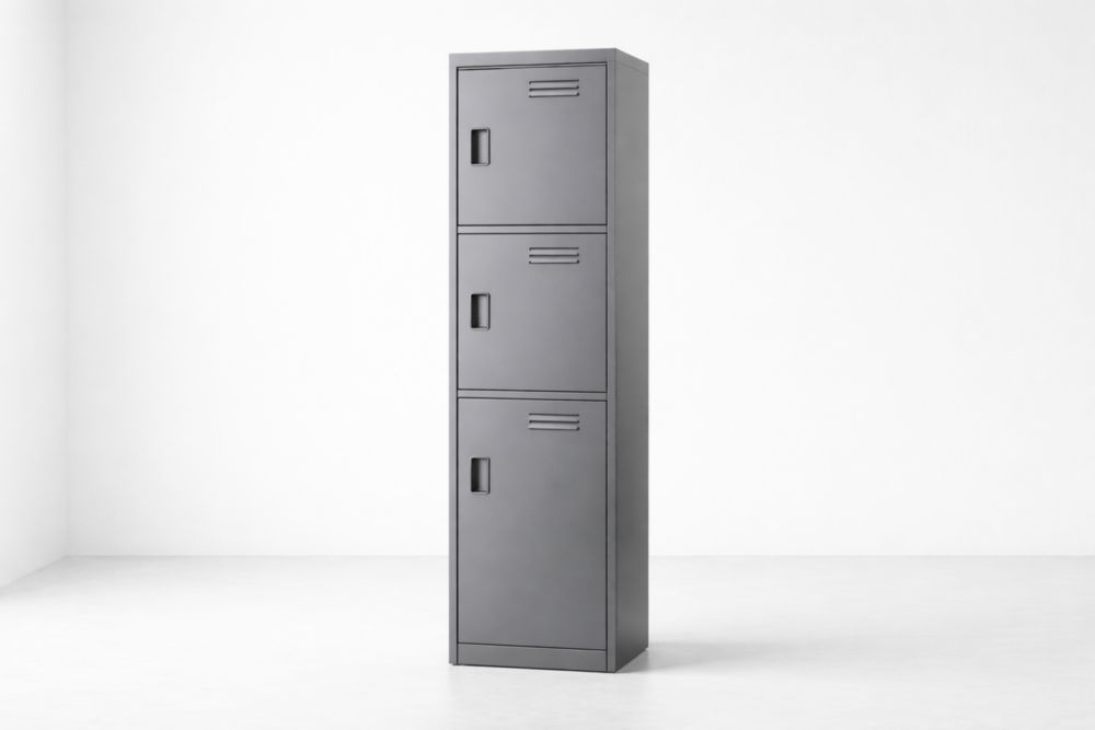 Metal Locker Cabinet with Three Doors, Gray Steel-Domunera