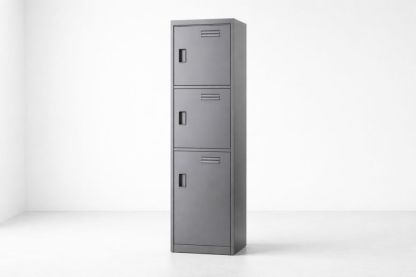 Metal Locker Cabinet with Three Doors, Gray Steel-Domunera