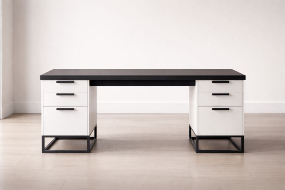 Rectangular Desk with Storage Drawers Wood/Metal Frame Black/White 160x75x70 cm-Domunera